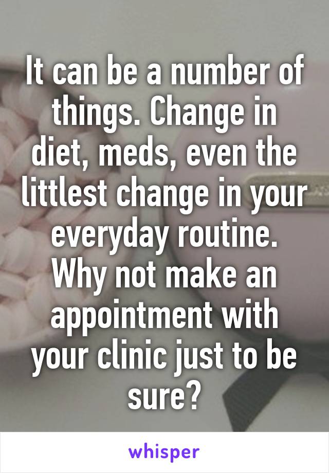 It can be a number of things. Change in diet, meds, even the littlest change in your everyday routine. Why not make an appointment with your clinic just to be sure?