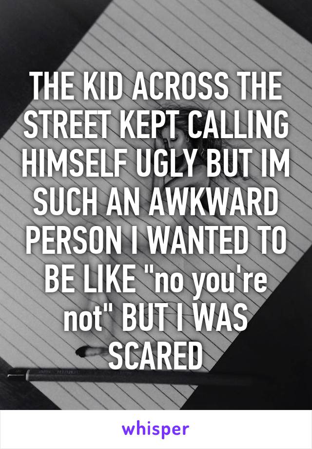 THE KID ACROSS THE STREET KEPT CALLING HIMSELF UGLY BUT IM SUCH AN AWKWARD PERSON I WANTED TO BE LIKE "no you're not" BUT I WAS SCARED