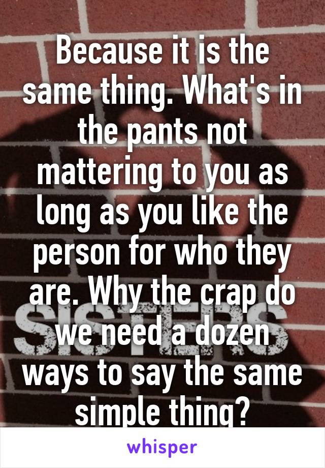 Because it is the same thing. What's in the pants not mattering to you as long as you like the person for who they are. Why the crap do we need a dozen ways to say the same simple thing?