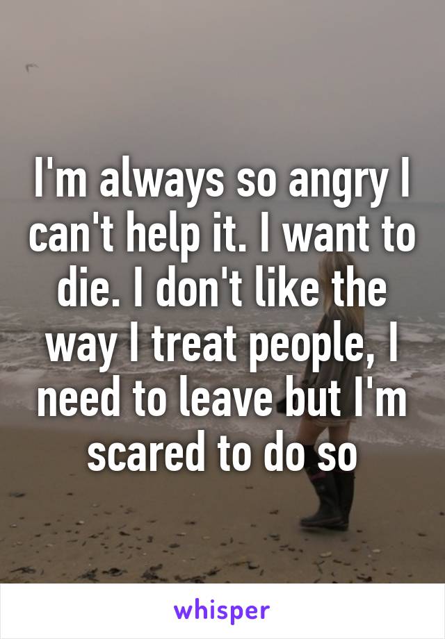 I'm always so angry I can't help it. I want to die. I don't like the way I treat people, I need to leave but I'm scared to do so