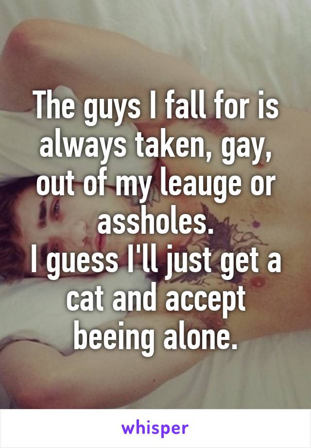 The guys I fall for is
always taken, gay, out of my leauge or assholes.
I guess I'll just get a
cat and accept beeing alone.