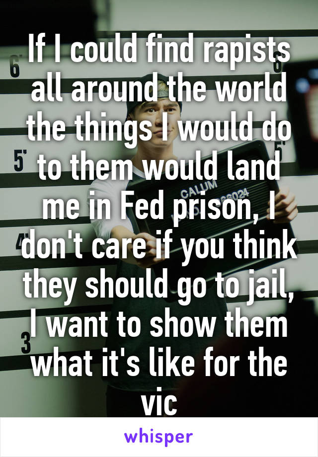 If I could find rapists all around the world the things I would do to them would land me in Fed prison, I don't care if you think they should go to jail, I want to show them what it's like for the vic