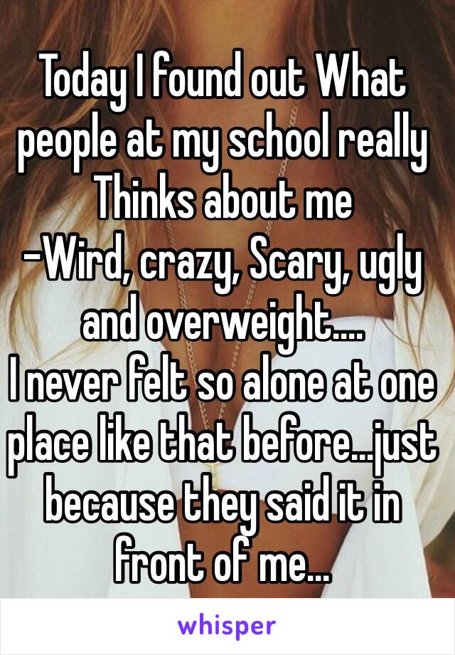 Today I found out What people at my school really Thinks about me
-Wird, crazy, Scary, ugly and overweight....
I never felt so alone at one place like that before...just because they said it in front of me...