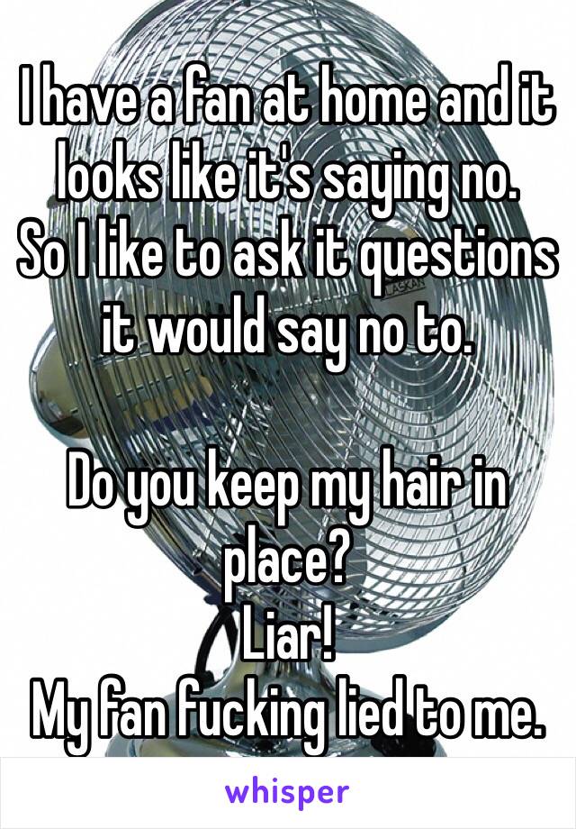 I have a fan at home and it looks like it's saying no. 
So I like to ask it questions it would say no to. 

Do you keep my hair in place?
Liar! 
My fan fucking lied to me. 