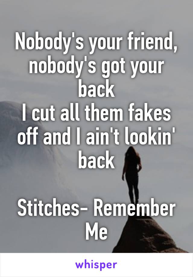 Nobody's your friend, nobody's got your back
I cut all them fakes off and I ain't lookin' back

Stitches- Remember  Me 