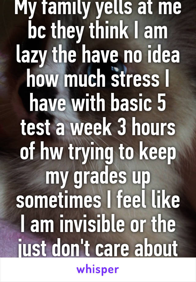 My family yells at me bc they think I am lazy the have no idea how much stress I have with basic 5 test a week 3 hours of hw trying to keep my grades up sometimes I feel like I am invisible or the just don't care about me 