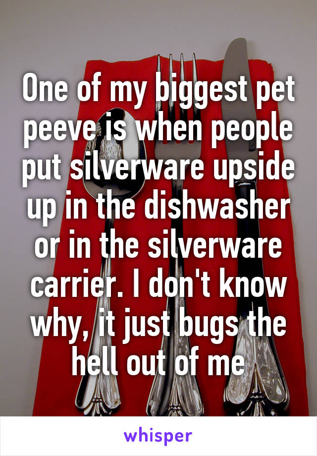 One of my biggest pet peeve is when people put silverware upside up in the dishwasher or in the silverware carrier. I don't know why, it just bugs the hell out of me