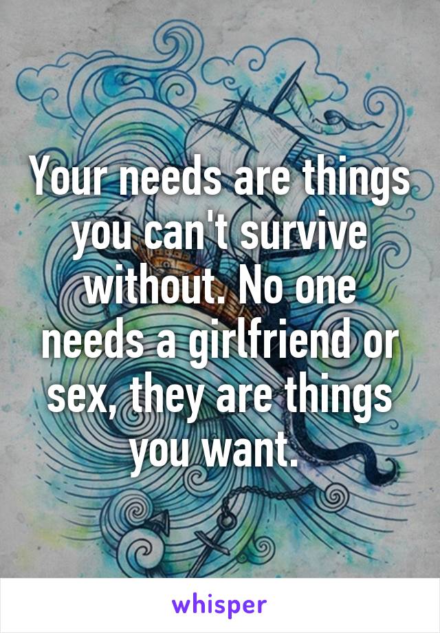 Your needs are things you can't survive without. No one needs a girlfriend or sex, they are things you want. 