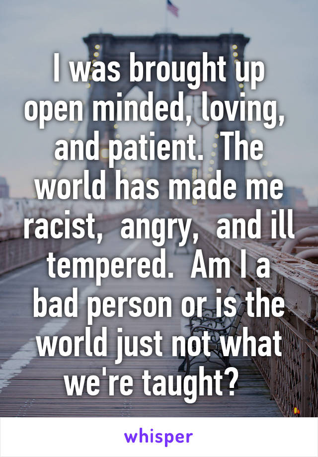 I was brought up open minded, loving,  and patient.  The world has made me racist,  angry,  and ill tempered.  Am I a bad person or is the world just not what we're taught?  