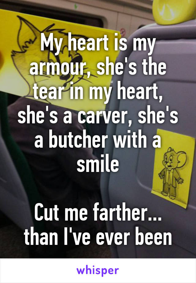 My heart is my armour, she's the tear in my heart, she's a carver, she's a butcher with a smile

Cut me farther... than I've ever been