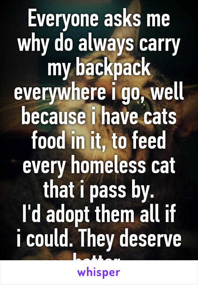 Everyone asks me why do always carry my backpack everywhere i go, well because i have cats food in it, to feed every homeless cat that i pass by.
I'd adopt them all if i could. They deserve better.