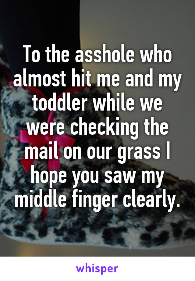 To the asshole who almost hit me and my toddler while we were checking the mail on our grass I hope you saw my middle finger clearly. 