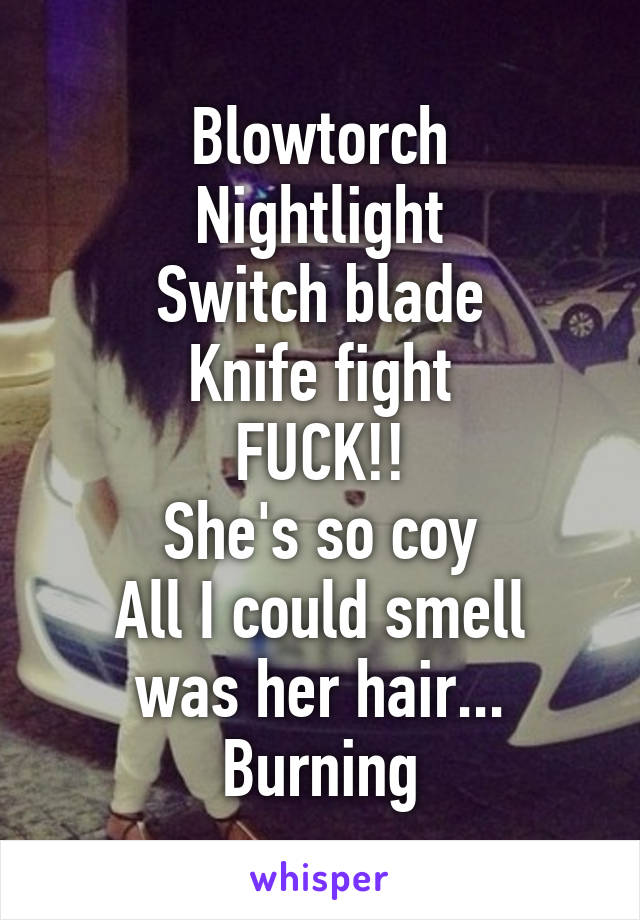 Blowtorch
Nightlight
Switch blade
Knife fight
FUCK!!
She's so coy
All I could smell was her hair... Burning