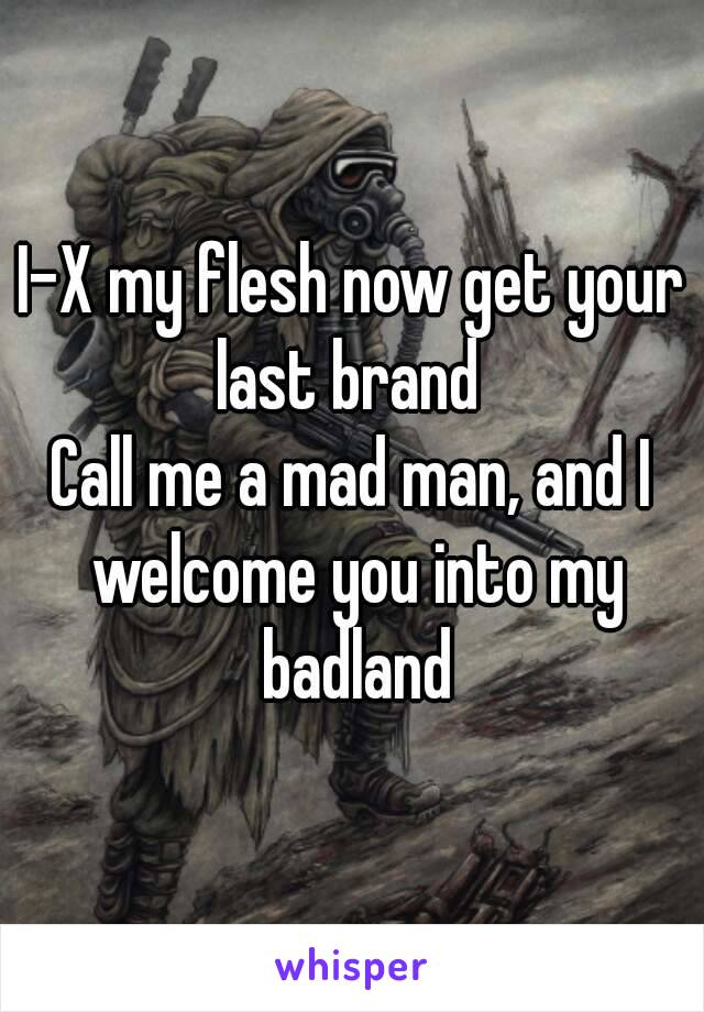 I-X my flesh now get your last brand 
Call me a mad man, and I welcome you into my badland