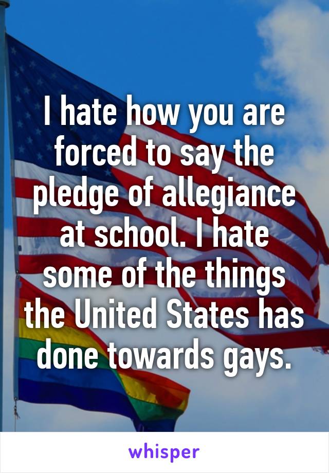 I hate how you are forced to say the pledge of allegiance at school. I hate some of the things the United States has done towards gays.