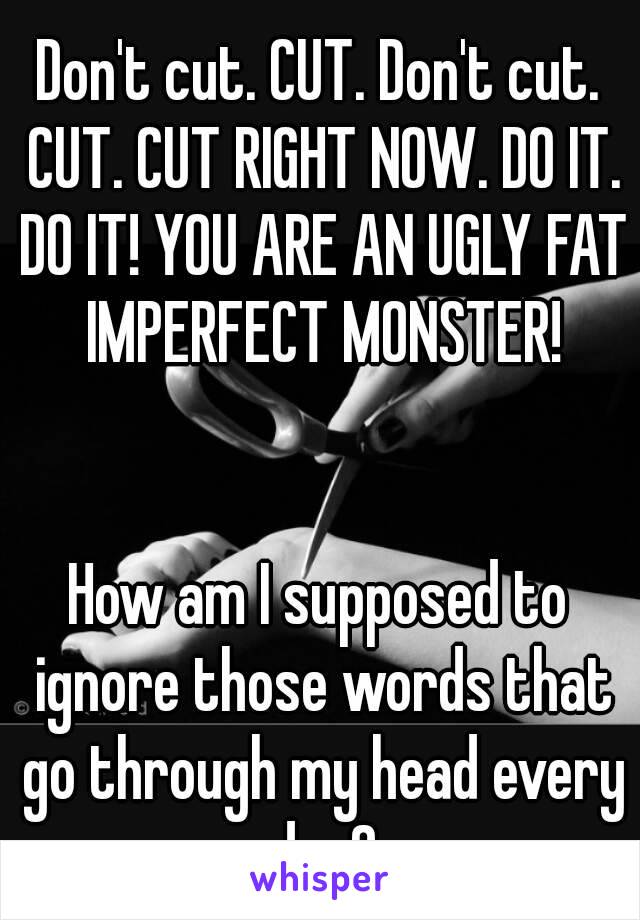 Don't cut. CUT. Don't cut. CUT. CUT RIGHT NOW. DO IT. DO IT! YOU ARE AN UGLY FAT IMPERFECT MONSTER!


How am I supposed to ignore those words that go through my head every day?