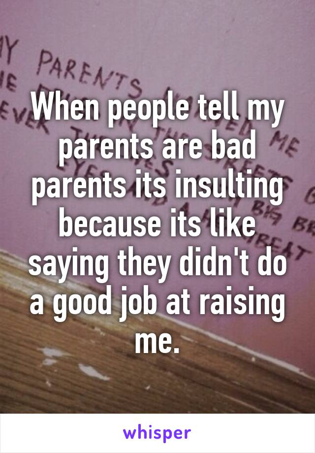 When people tell my parents are bad parents its insulting because its like saying they didn't do a good job at raising me.