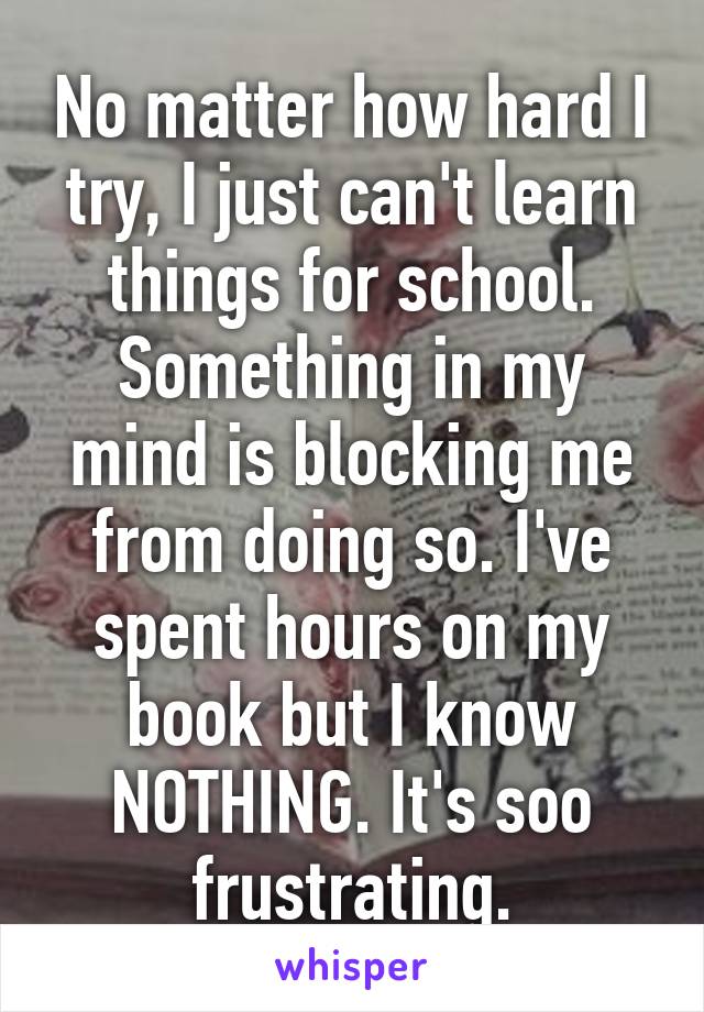 No matter how hard I try, I just can't learn things for school. Something in my mind is blocking me from doing so. I've spent hours on my book but I know NOTHING. It's soo frustrating.