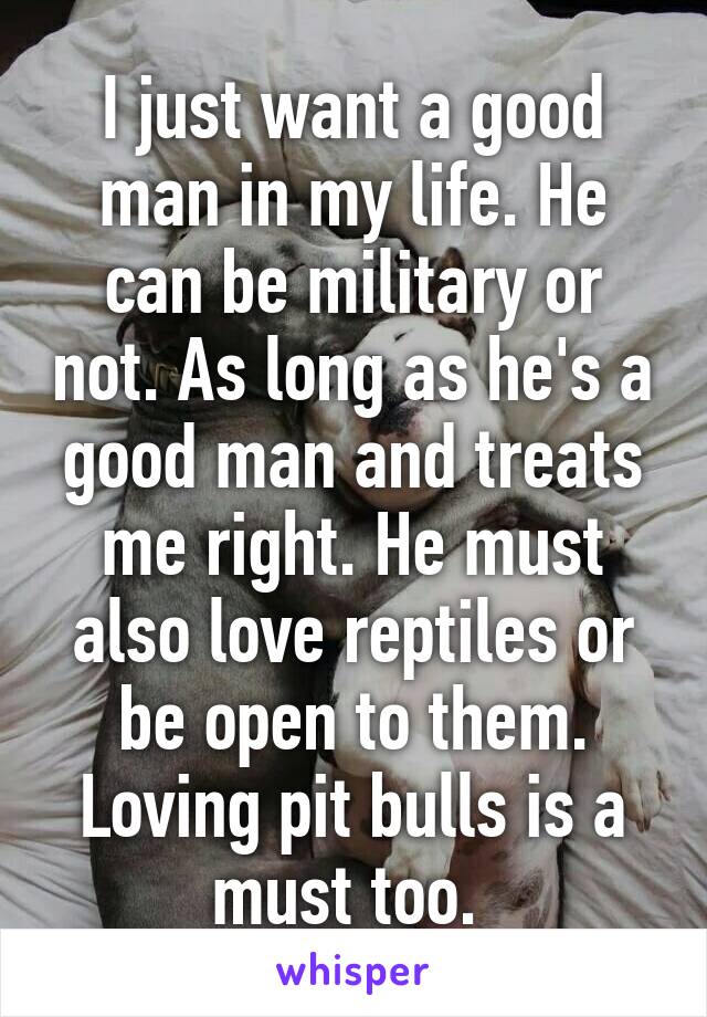 I just want a good man in my life. He can be military or not. As long as he's a good man and treats me right. He must also love reptiles or be open to them. Loving pit bulls is a must too. 