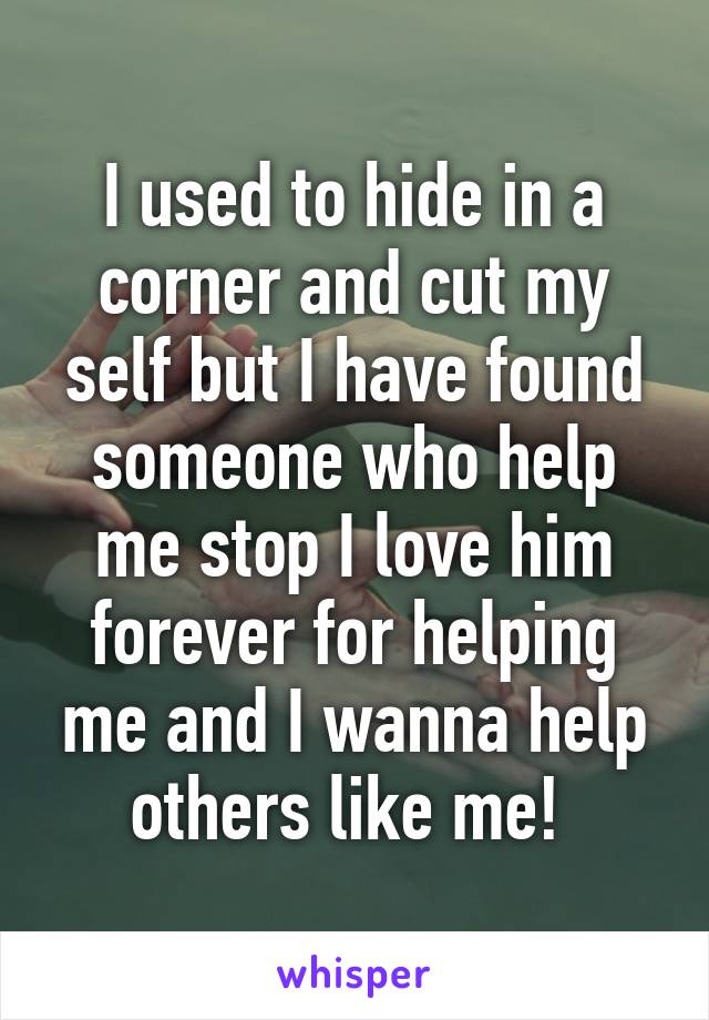 I used to hide in a corner and cut my self but I have found someone who help me stop I love him forever for helping me and I wanna help others like me! 