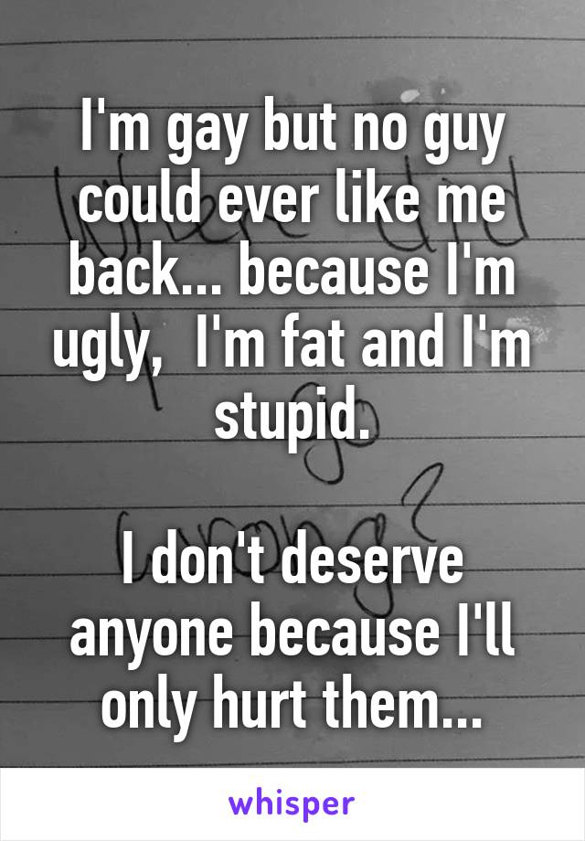 I'm gay but no guy could ever like me back... because I'm ugly,  I'm fat and I'm stupid.

I don't deserve anyone because I'll only hurt them...