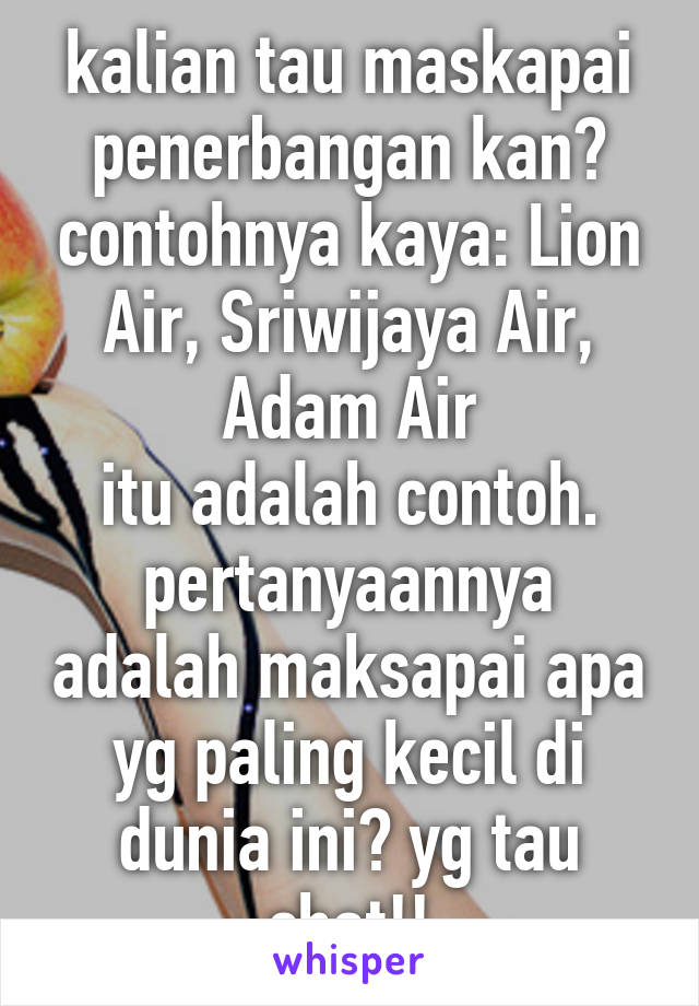 kalian tau maskapai penerbangan kan? contohnya kaya: Lion Air, Sriwijaya Air, Adam Air
itu adalah contoh. pertanyaannya adalah maksapai apa yg paling kecil di dunia ini? yg tau chat!!