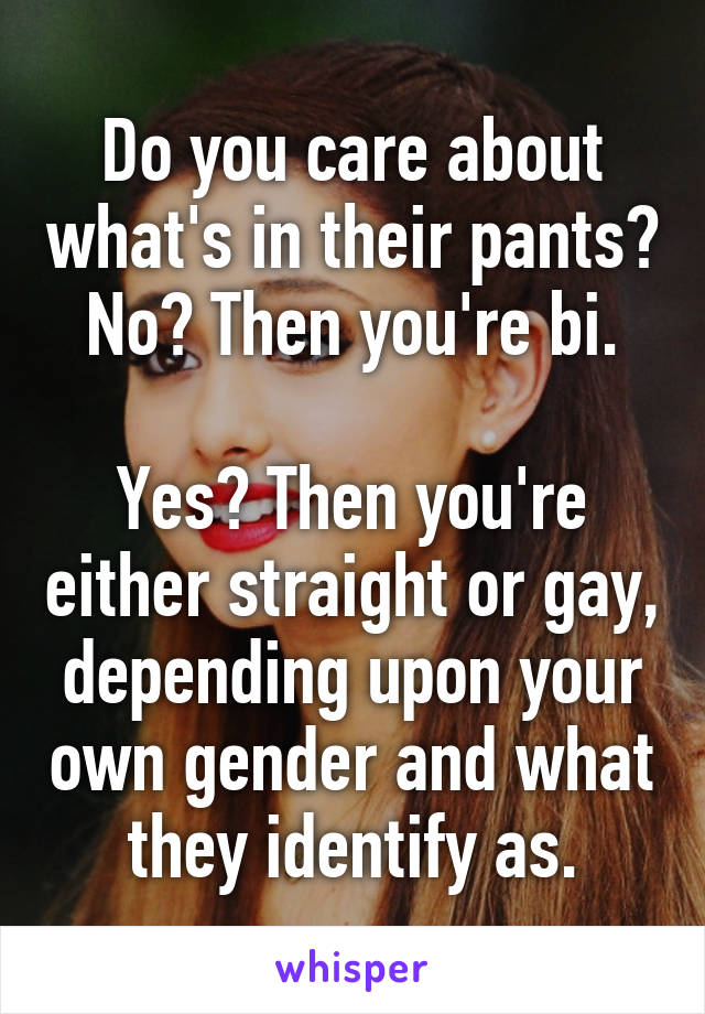 Do you care about what's in their pants? No? Then you're bi.

Yes? Then you're either straight or gay, depending upon your own gender and what they identify as.