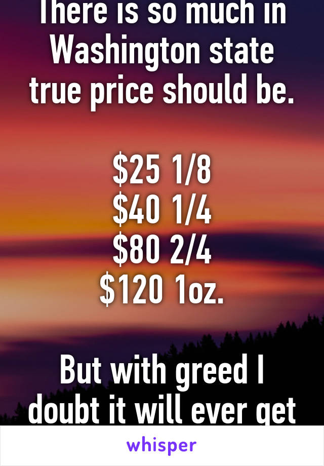 There is so much in Washington state true price should be.

$25 1/8
$40 1/4
$80 2/4
$120 1oz.

But with greed I doubt it will ever get that much.