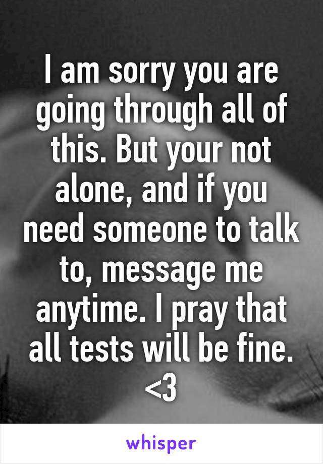 I am sorry you are going through all of this. But your not alone, and if you need someone to talk to, message me anytime. I pray that all tests will be fine. <3