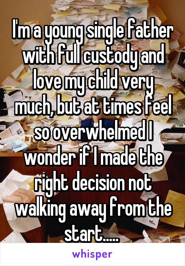 I'm a young single father with full custody and love my child very much, but at times feel so overwhelmed I wonder if I made the right decision not walking away from the start..... 