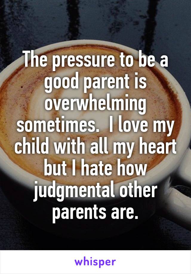 The pressure to be a good parent is overwhelming sometimes.  I love my child with all my heart but I hate how judgmental other parents are.