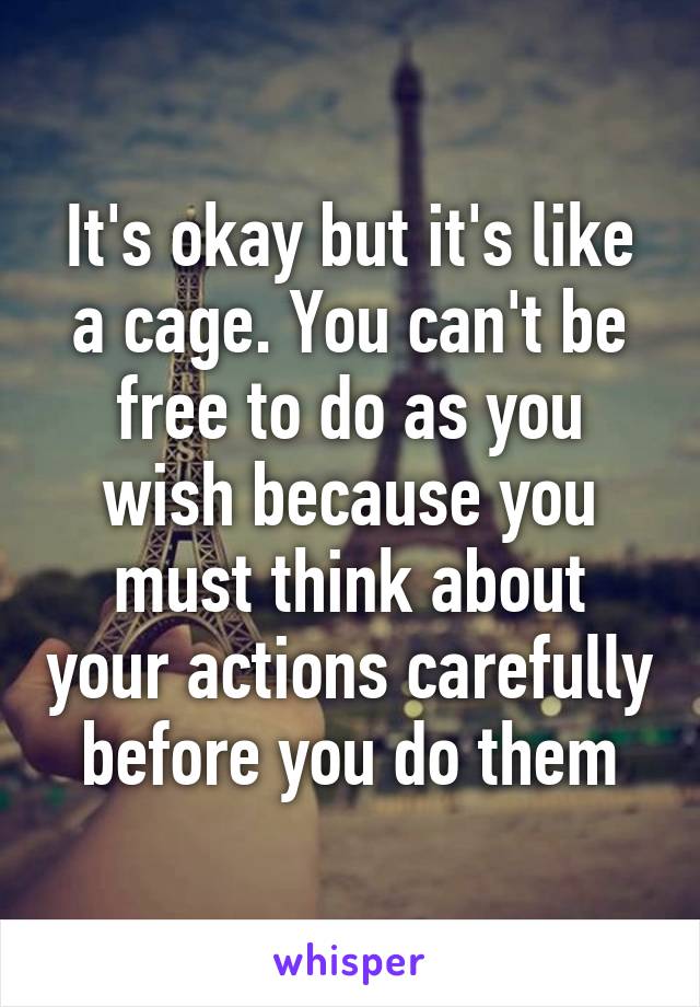 It's okay but it's like a cage. You can't be free to do as you wish because you must think about your actions carefully before you do them