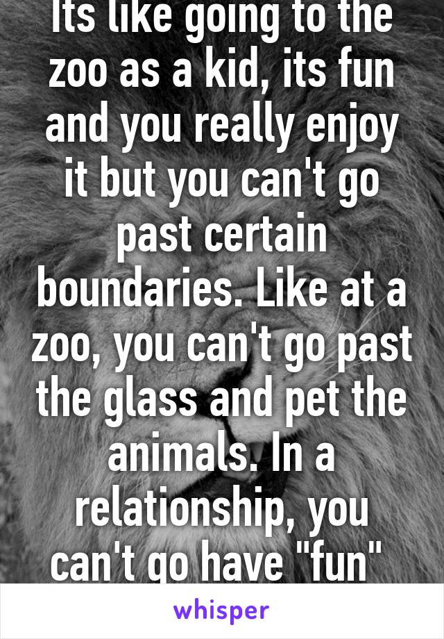 Its like going to the zoo as a kid, its fun and you really enjoy it but you can't go past certain boundaries. Like at a zoo, you can't go past the glass and pet the animals. In a relationship, you can't go have "fun"  with certain people