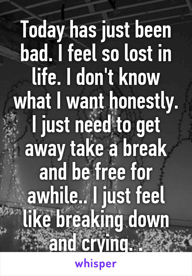 Today has just been bad. I feel so lost in life. I don't know what I want honestly. I just need to get away take a break and be free for awhile.. I just feel like breaking down and crying. .