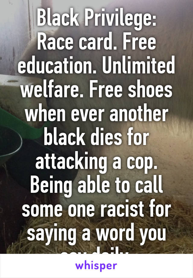 Black Privilege:
Race card. Free education. Unlimited welfare. Free shoes when ever another black dies for attacking a cop. Being able to call some one racist for saying a word you say daily.