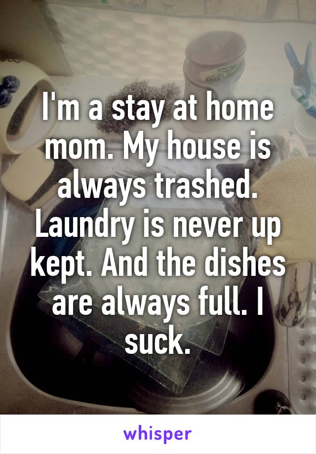 I'm a stay at home mom. My house is always trashed. Laundry is never up kept. And the dishes are always full. I suck.