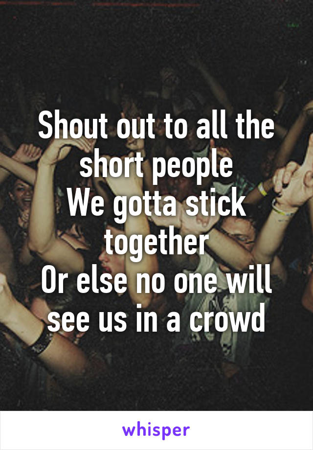 Shout out to all the short people
We gotta stick together
Or else no one will see us in a crowd