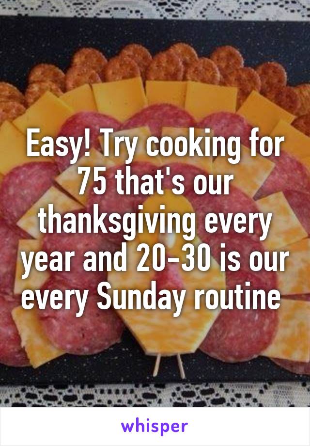 Easy! Try cooking for 75 that's our thanksgiving every year and 20-30 is our every Sunday routine 