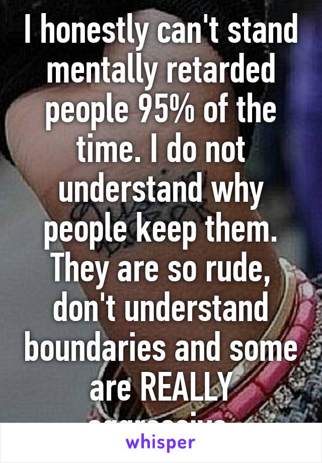 I honestly can't stand mentally retarded people 95% of the time. I do not understand why people keep them. They are so rude, don't understand boundaries and some are REALLY aggressive.