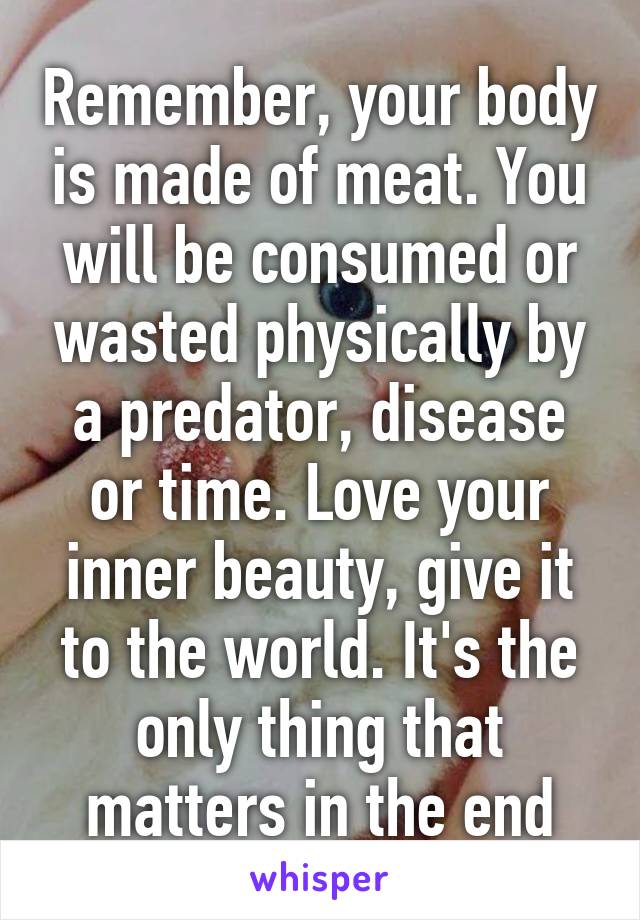 Remember, your body is made of meat. You will be consumed or wasted physically by a predator, disease or time. Love your inner beauty, give it to the world. It's the only thing that matters in the end