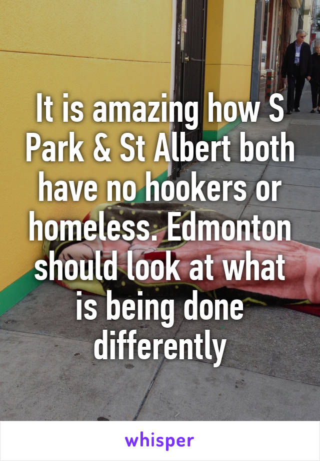 It is amazing how S Park & St Albert both have no hookers or homeless. Edmonton should look at what is being done differently