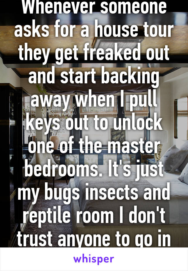 Whenever someone asks for a house tour they get freaked out and start backing away when I pull keys out to unlock one of the master bedrooms. It's just my bugs insects and reptile room I don't trust anyone to go in there alone 