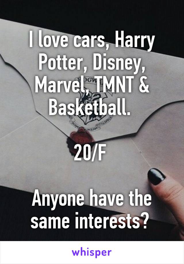 I love cars, Harry Potter, Disney, Marvel, TMNT & Basketball. 

20/F 

Anyone have the same interests? 