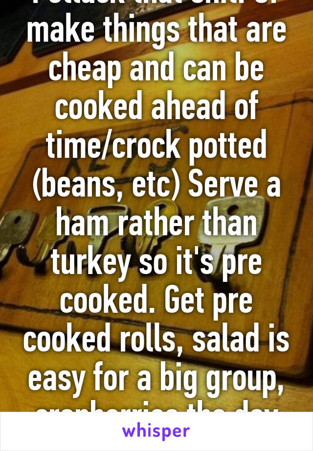 Potluck that shit. Or make things that are cheap and can be cooked ahead of time/crock potted (beans, etc) Serve a ham rather than turkey so it's pre cooked. Get pre cooked rolls, salad is easy for a big group, cranberries the day before