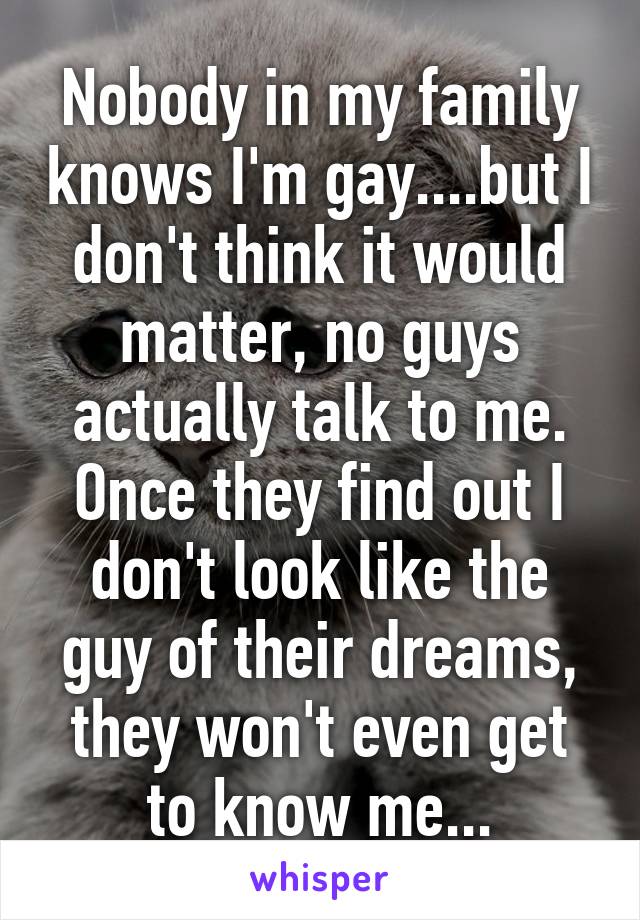 Nobody in my family knows I'm gay....but I don't think it would matter, no guys actually talk to me. Once they find out I don't look like the guy of their dreams, they won't even get to know me...