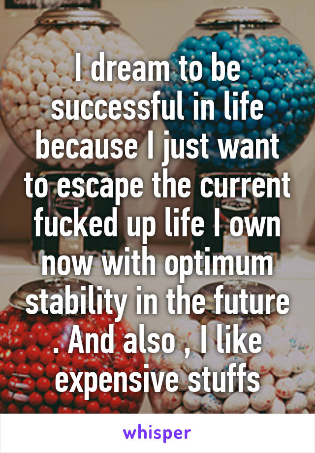 I dream to be successful in life because I just want to escape the current fucked up life I own now with optimum stability in the future . And also , I like expensive stuffs