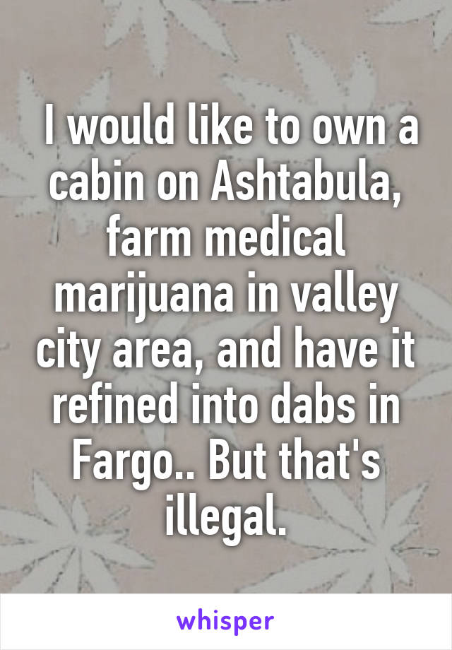  I would like to own a cabin on Ashtabula, farm medical marijuana in valley city area, and have it refined into dabs in Fargo.. But that's illegal.