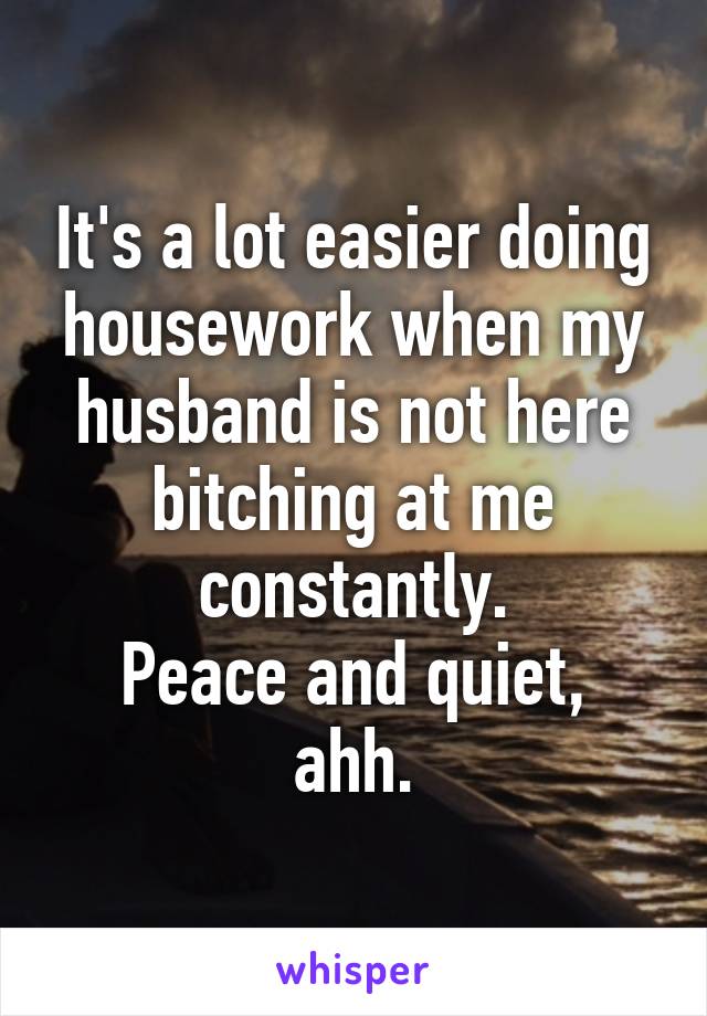 It's a lot easier doing housework when my husband is not here bitching at me constantly.
Peace and quiet, ahh.