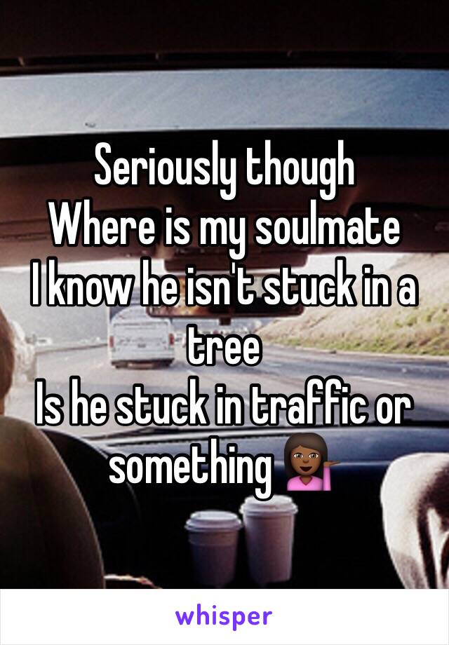 Seriously though 
Where is my soulmate 
I know he isn't stuck in a tree
Is he stuck in traffic or something 💁🏾