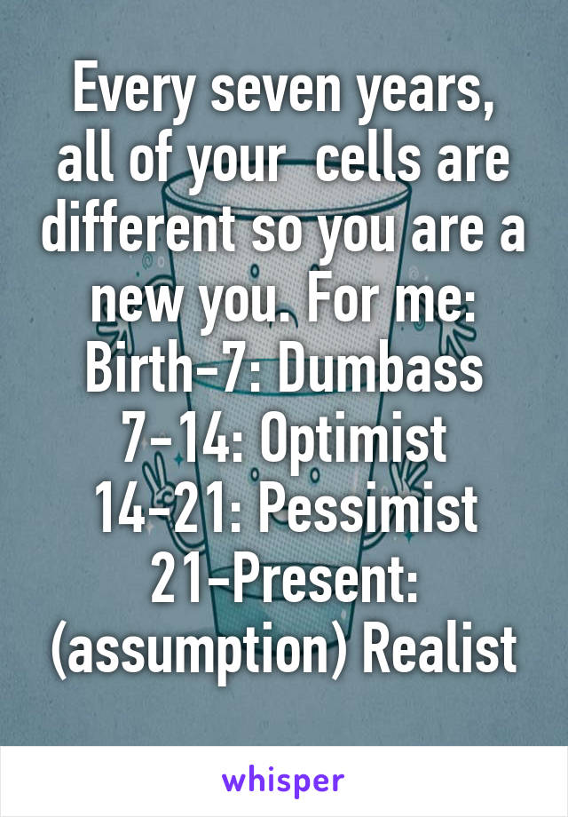 Every seven years, all of your  cells are different so you are a new you. For me:
Birth-7: Dumbass
7-14: Optimist
14-21: Pessimist
21-Present: (assumption) Realist
